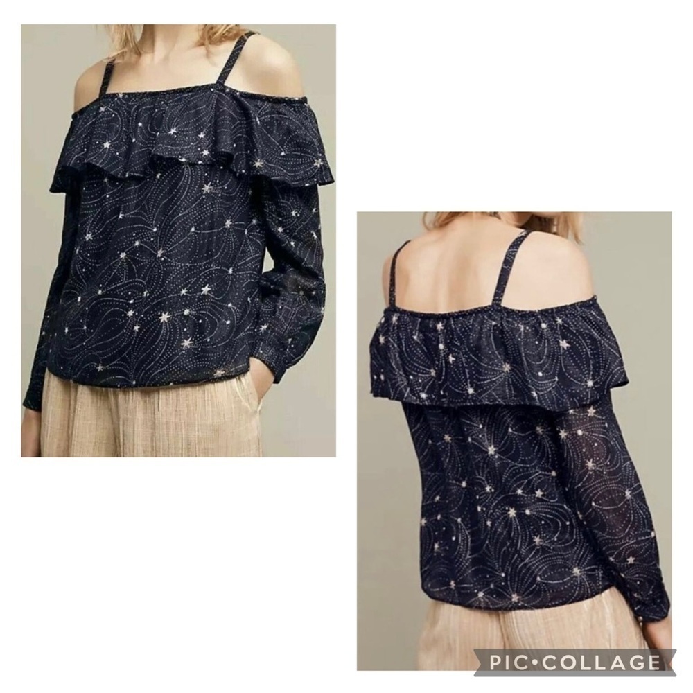 ANTHROPOLOGIE FLOREAT Women’s Blue Silver STARLIT Off Shoulder Blouse Top Sz XS
